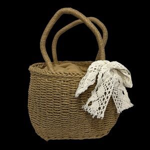 Cottagecore Straw Handbag With White Bow And Drawstring Close, Interior Pocket